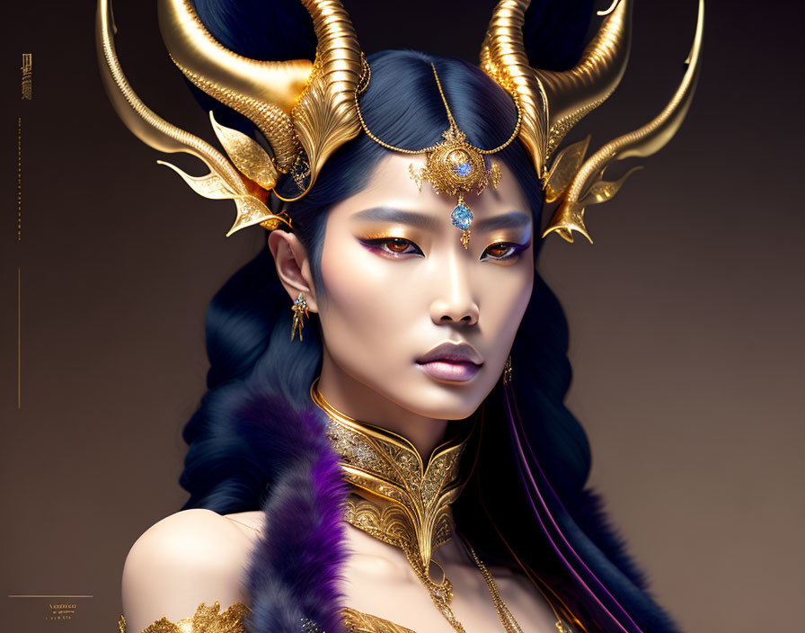 Digital Artwork: Woman with Golden Horned Headgear and Purple Attire