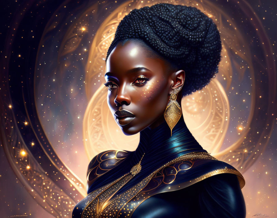 Illustrated portrait of woman with gold jewelry and majestic afro hairstyle against celestial backdrop