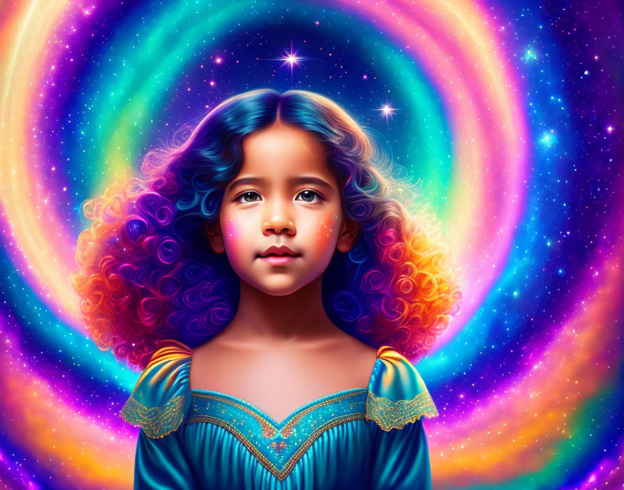 Colorful curly-haired young girl in cosmic digital portrait