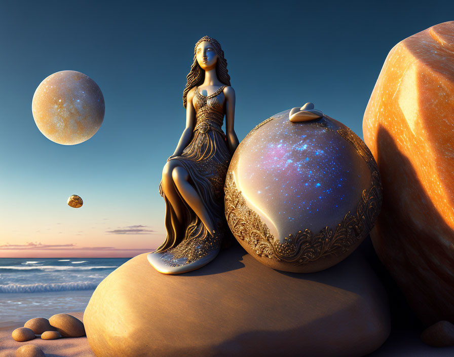 Tranquil 3D illustration of mythical woman by the sea with celestial orbs