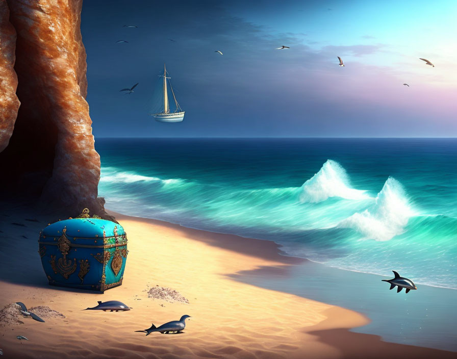 Tranquil beach scene with dolphins, seagulls, and sailboat