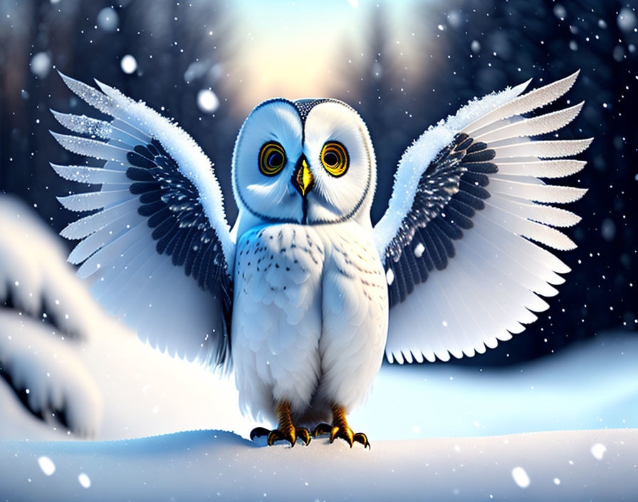 Wide-eyed white owl in snow with outstretched wings and falling snowflakes