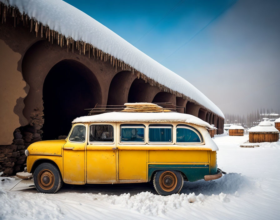 Vintage Yellow and White Van Parked in Snow Near Arched Building