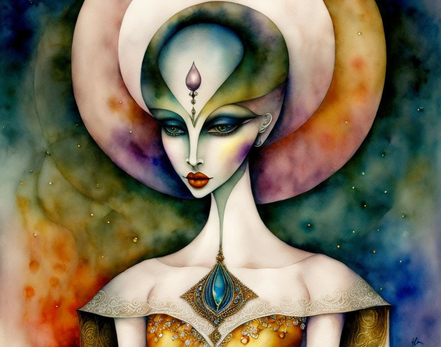 Stylized woman illustration with ornate cosmic hat & gem jewelry