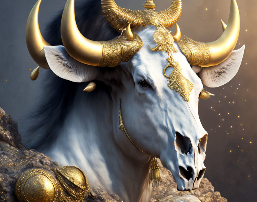 White Bull with Golden Horns and Jewelry on Rock in Mystical Setting