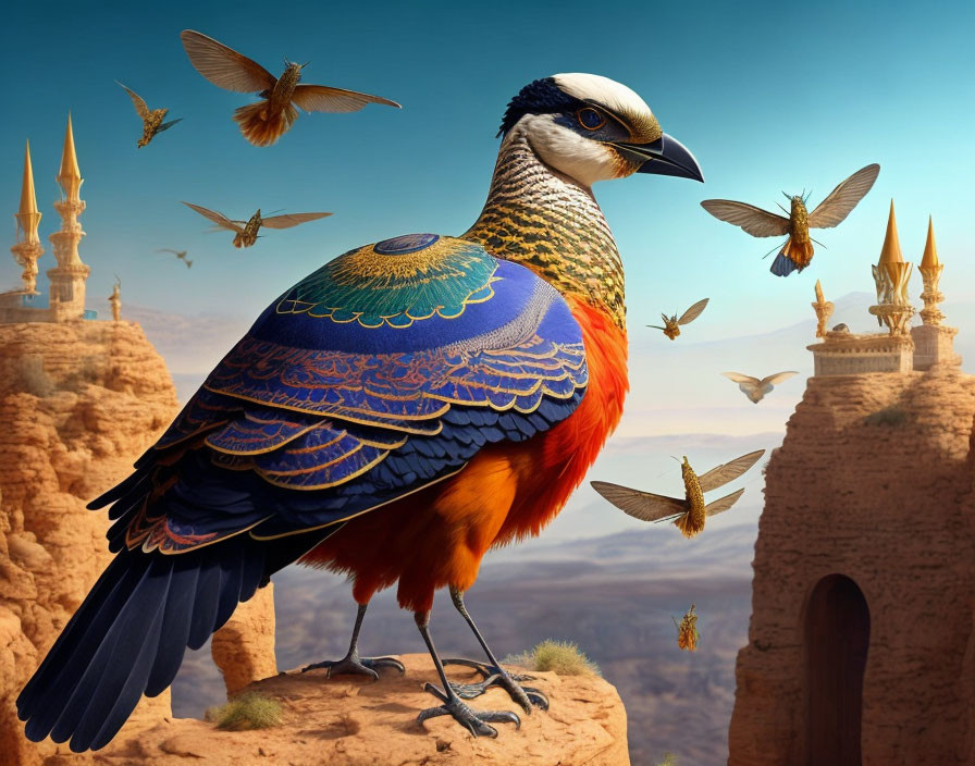 Colorful peacock on desert cliff with intricate feathers, birds and minaret-style structures in background