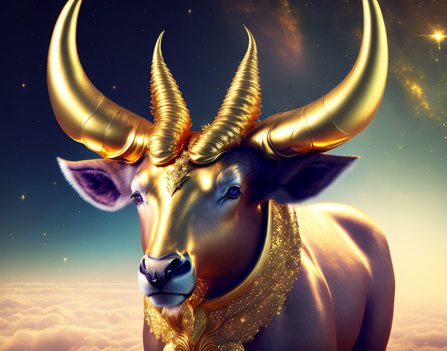 Golden bull with spiral horns in starry sky above clouds