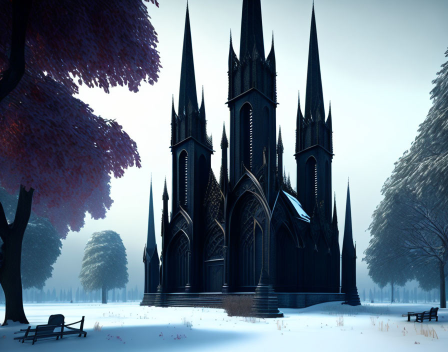 Gothic cathedral in snow-covered landscape at dusk