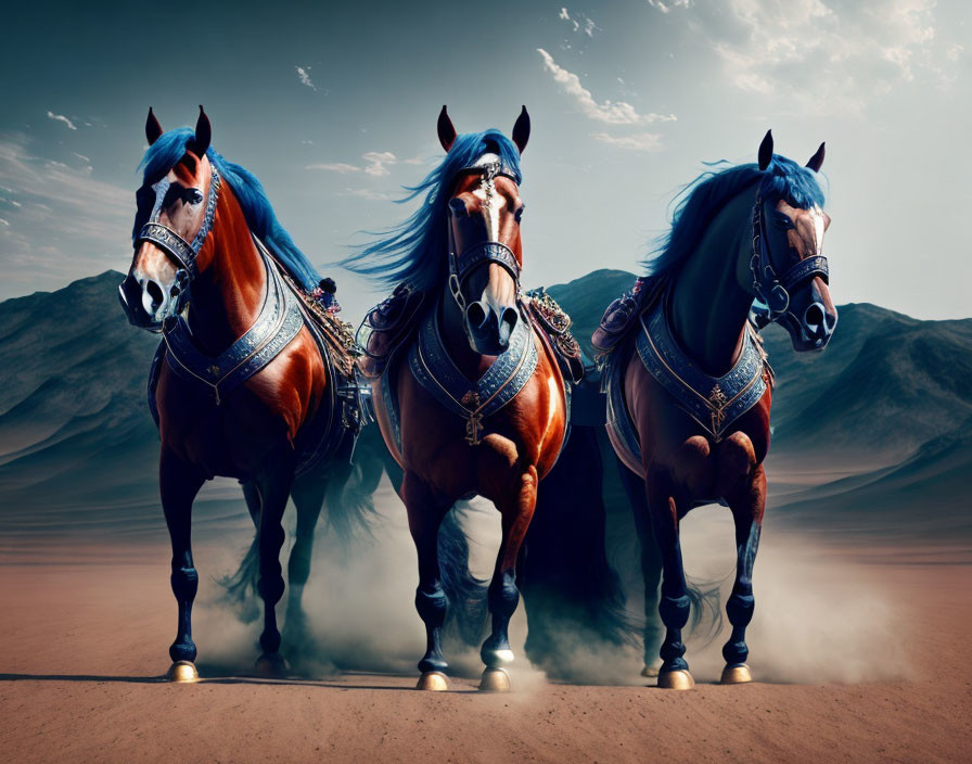 Three majestic horses with ornate harnesses in mountain backdrop