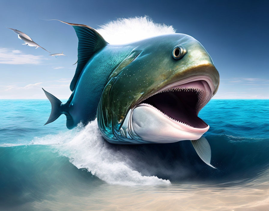 Surreal image of large fish with tunny-like head in sea waves