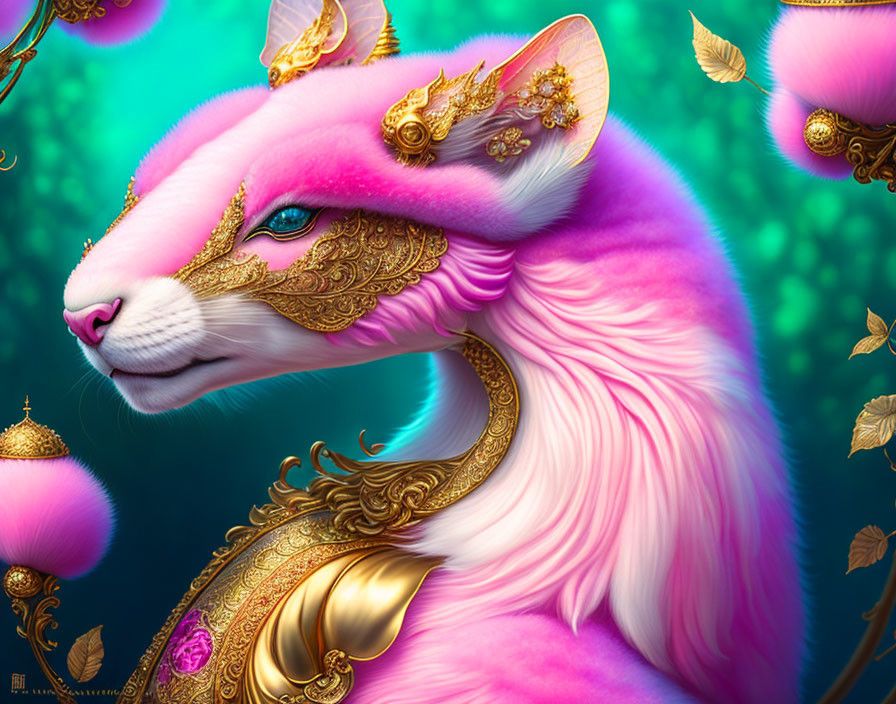 Majestic pink and white mythical fox artwork with gold jewelry on teal background