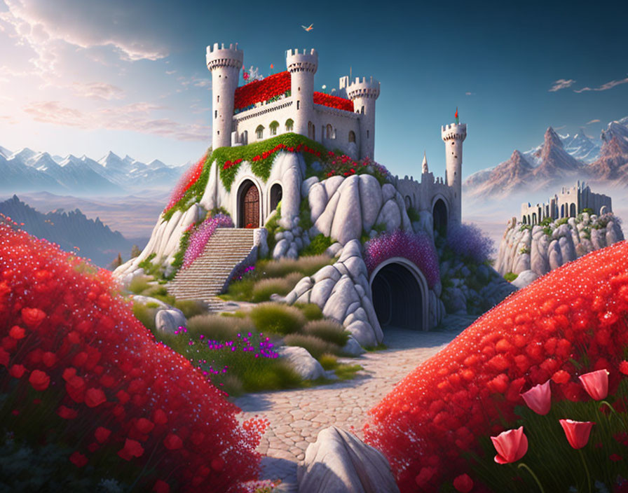 Castle on Rocky Hill with Red Vines and Tulips Landscape