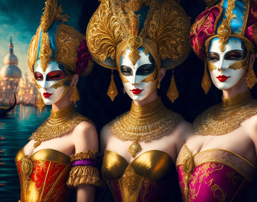 Three individuals in ornate Venetian carnival costumes with masks and headdresses, standing by a canal