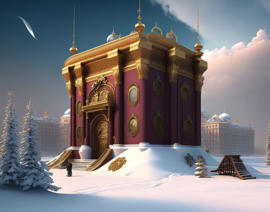 Ornate building with gold details in snowy landscape under crescent moon