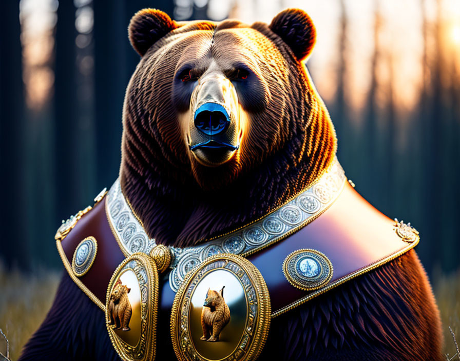 Digital artwork of bear in golden armor against forest backdrop