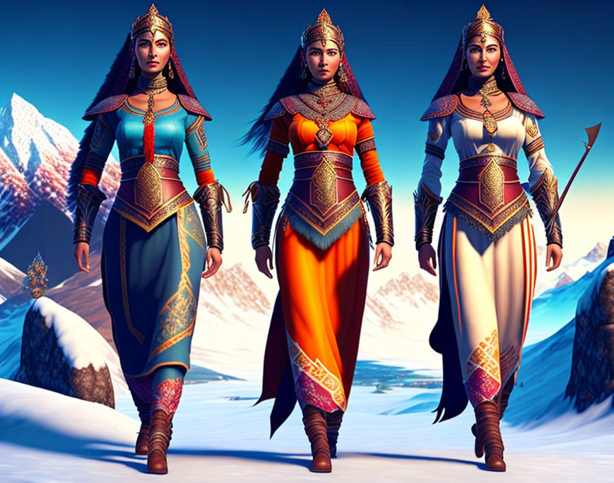 Three animated female characters in ornate armor in snowy mountain landscape