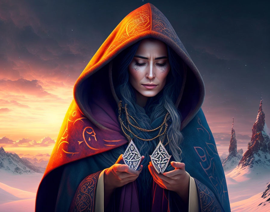 Digital artwork: Woman in red cloak with mystical aura, holding illuminated object against twilight mountain backdrop