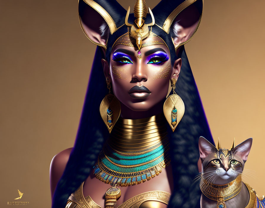 Golden Egyptian Goddess Woman with Cat in Ornate Jewelry