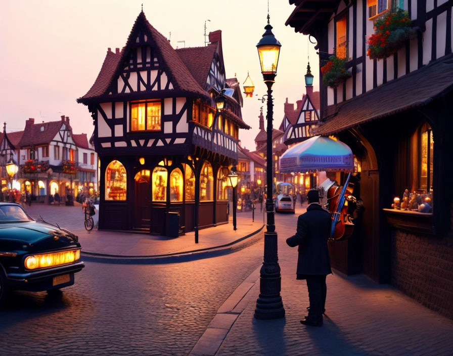 European Village Twilight Scene with Violinist, Timber-Framed Buildings, Shop Windows, and Vintage