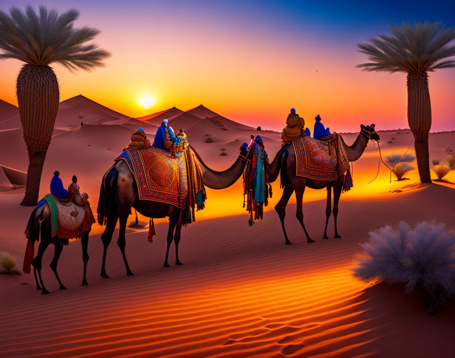 Camel caravan with riders in traditional saddle covers crossing desert at sunset