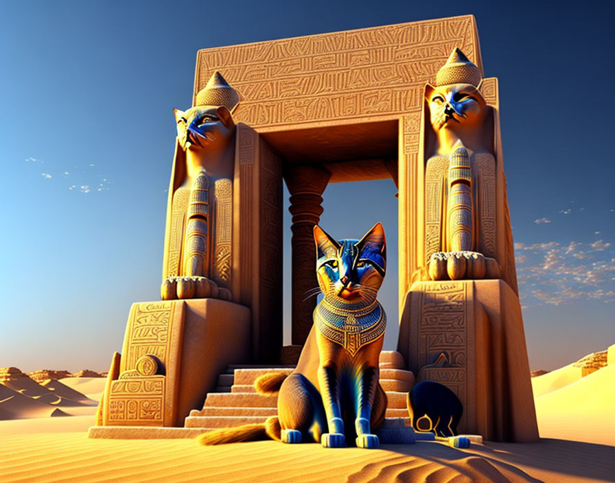 Ancient Egyptian-style gateway with cat statues in desert landscape