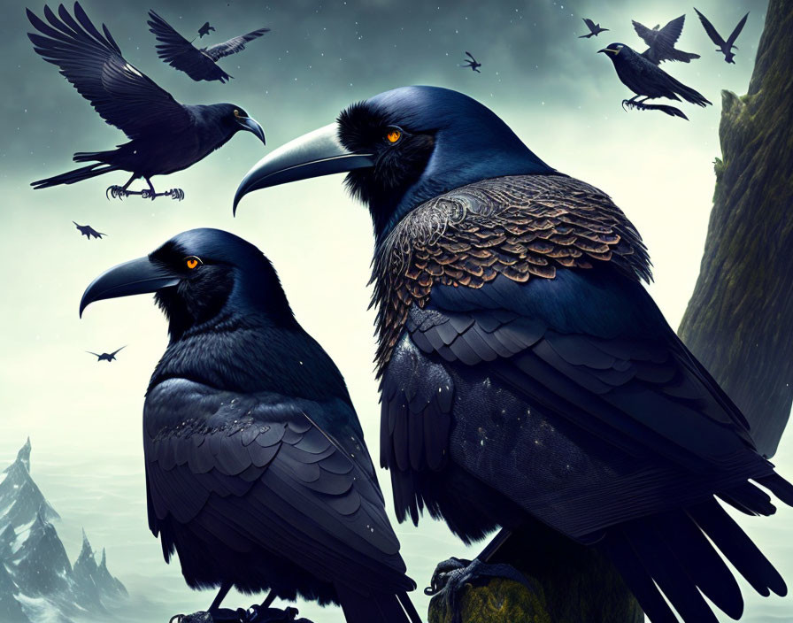 Detailed Ravens Perched and Flying in Misty Mountain Scene