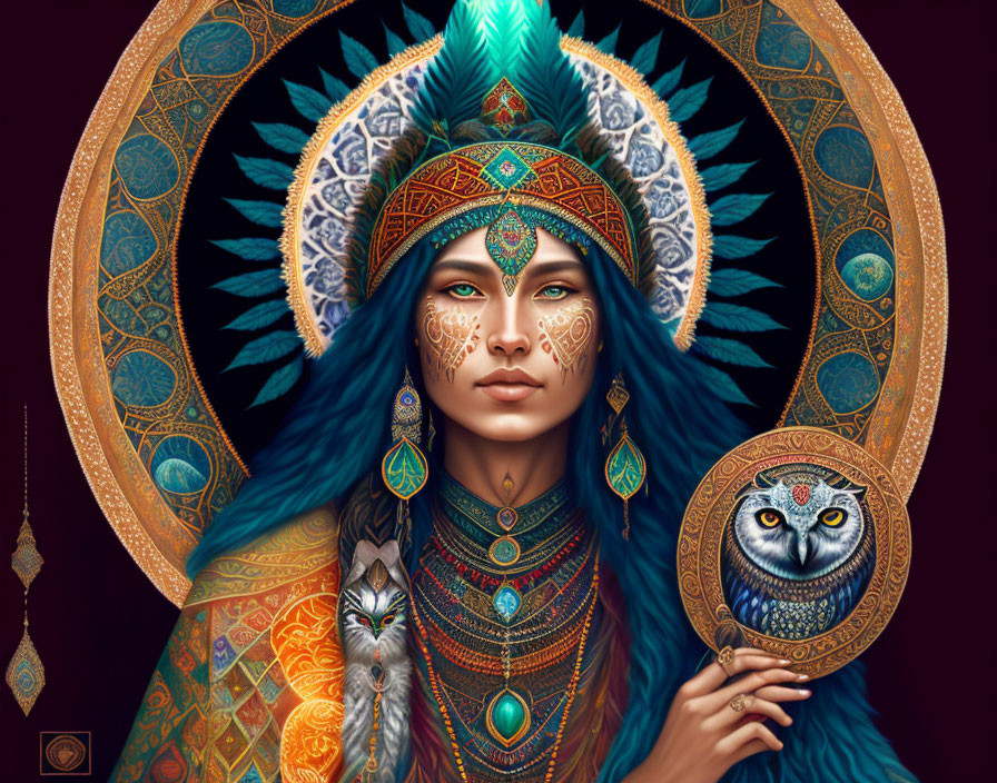 Digital portrait featuring ornate tribal makeup, headdress, owl, and mandala background.