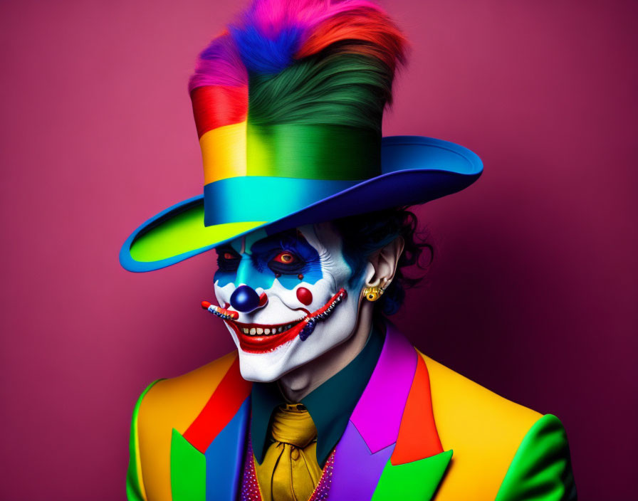 Colorful Clown Makeup and Outfit on Pink Background