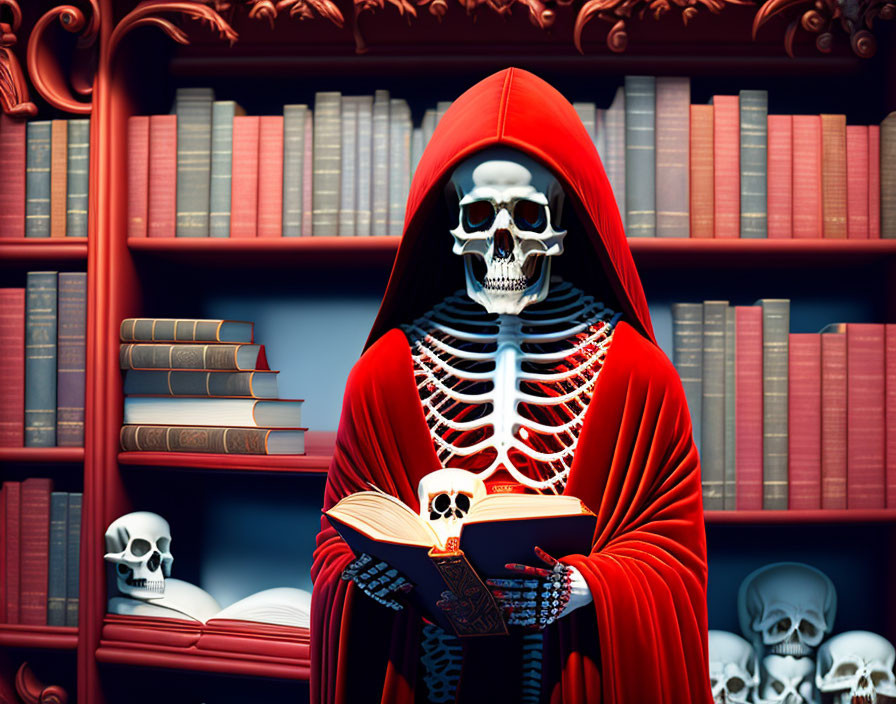 Skeleton in Red Hooded Cloak Reading Book Surrounded by Books and Skulls