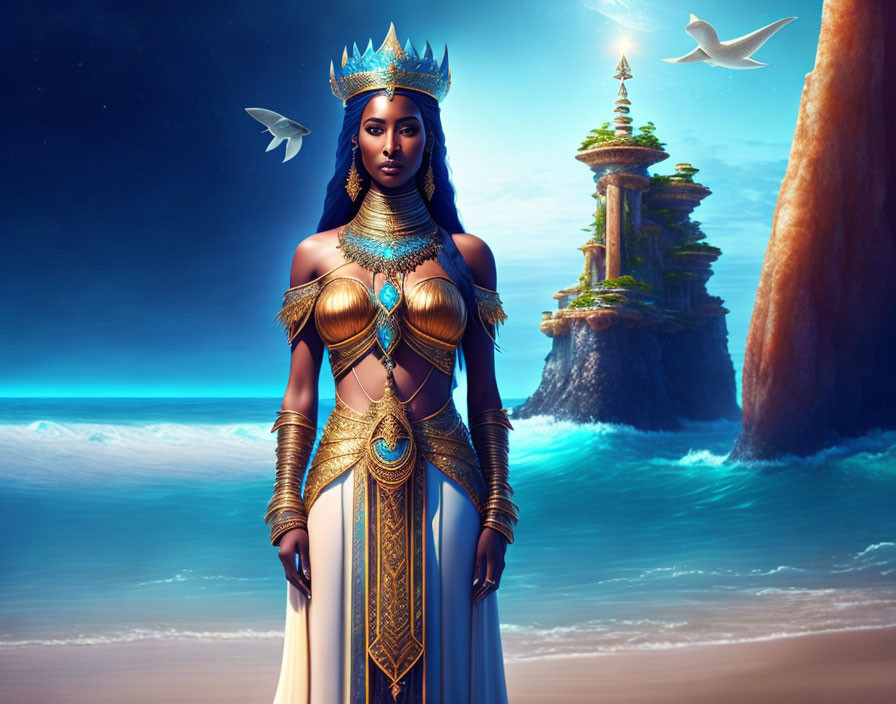 Regal woman in gold and blue attire on beach at twilight with tower and flying birds.