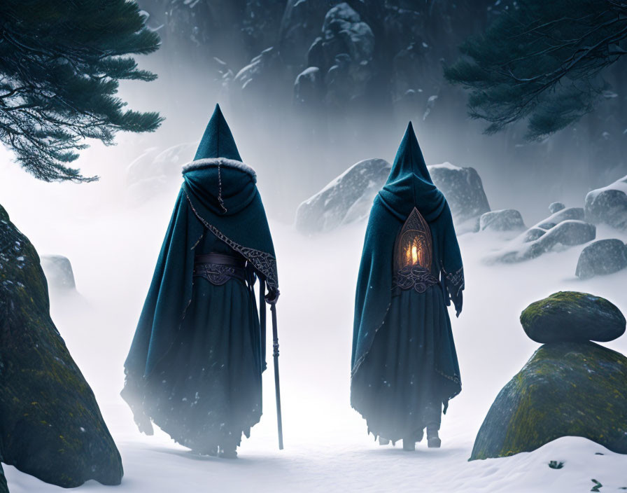 Cloaked figures in snowy landscape with staff and lantern