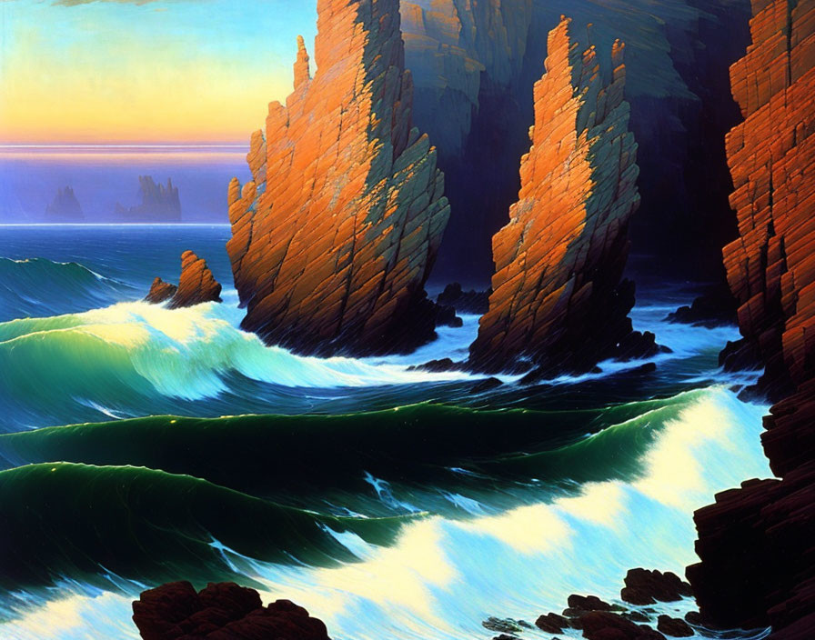 Scenic painting of waves crashing on cliffs at sunset