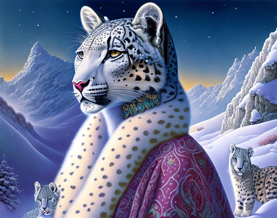 Stylized image of three snow leopards in snowy mountain setting