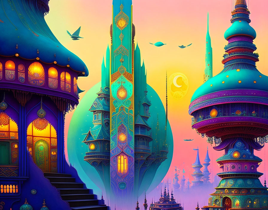 Vibrant Eastern-style architecture illustration at dawn or dusk