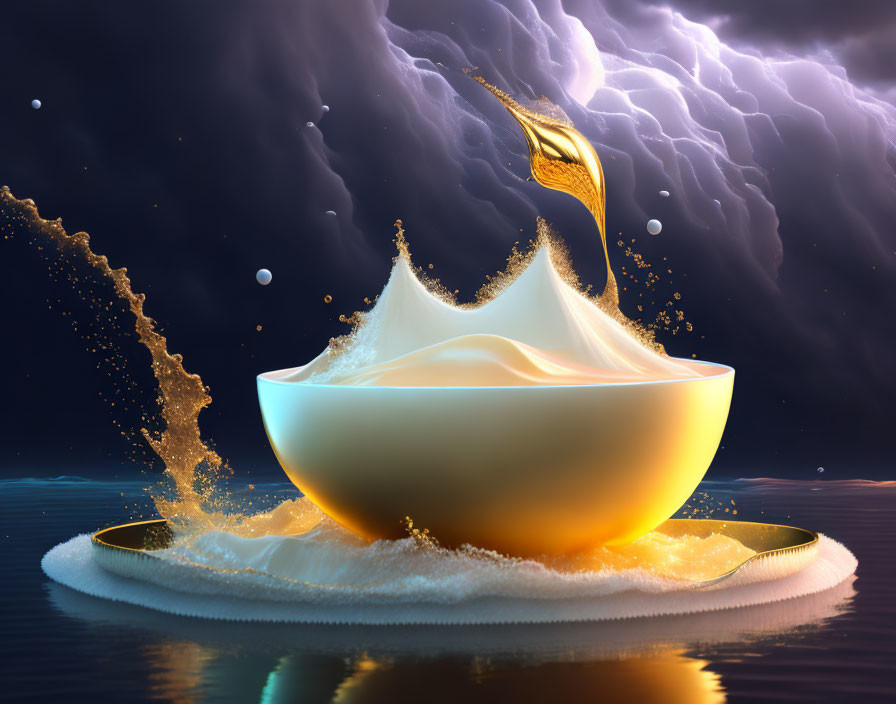 Surreal digital artwork: Swan splash above reflective bowl