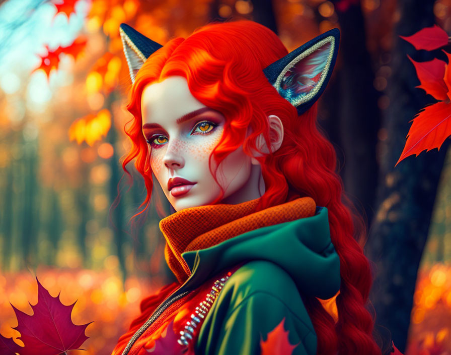 Digital art portrait: Female with red hair, feline ears, green scarf, autumn forest background,