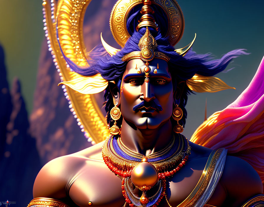 Digital Art: Lord Shiva with Trident, Gold Jewelry, Purple Scarf, Mountain Backdrop