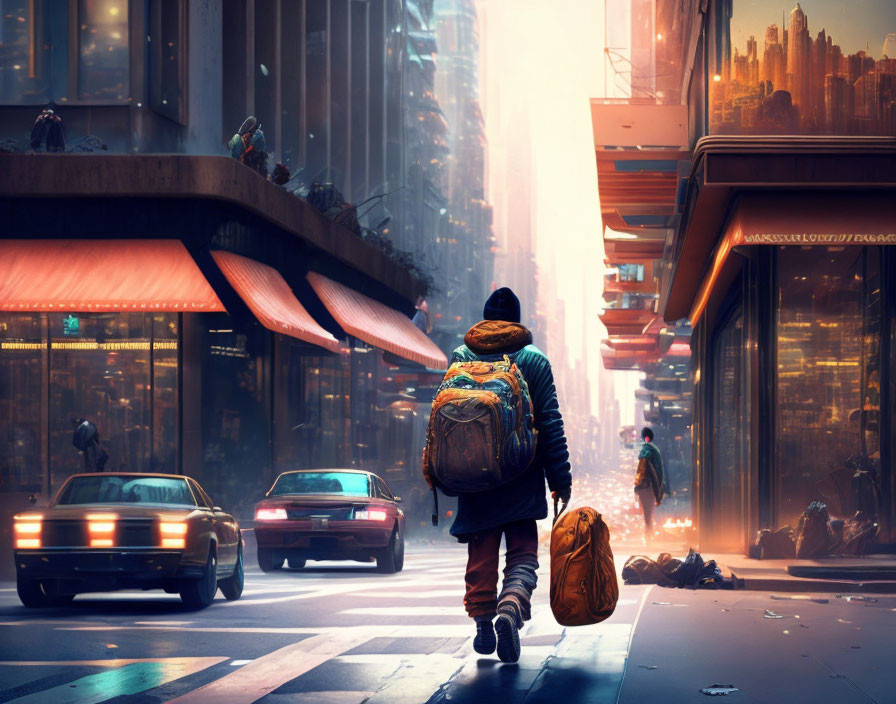 Backpack traveler in futuristic cityscape under warm light