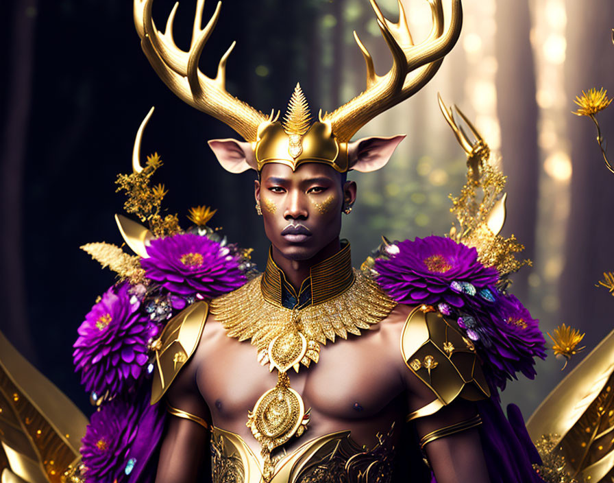 Majestic figure with golden antlers, crown, and magical aura