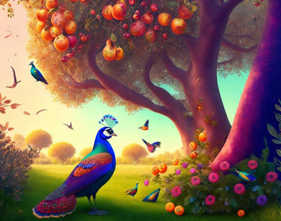 Colorful peacock and birds under fruit tree in whimsical scene