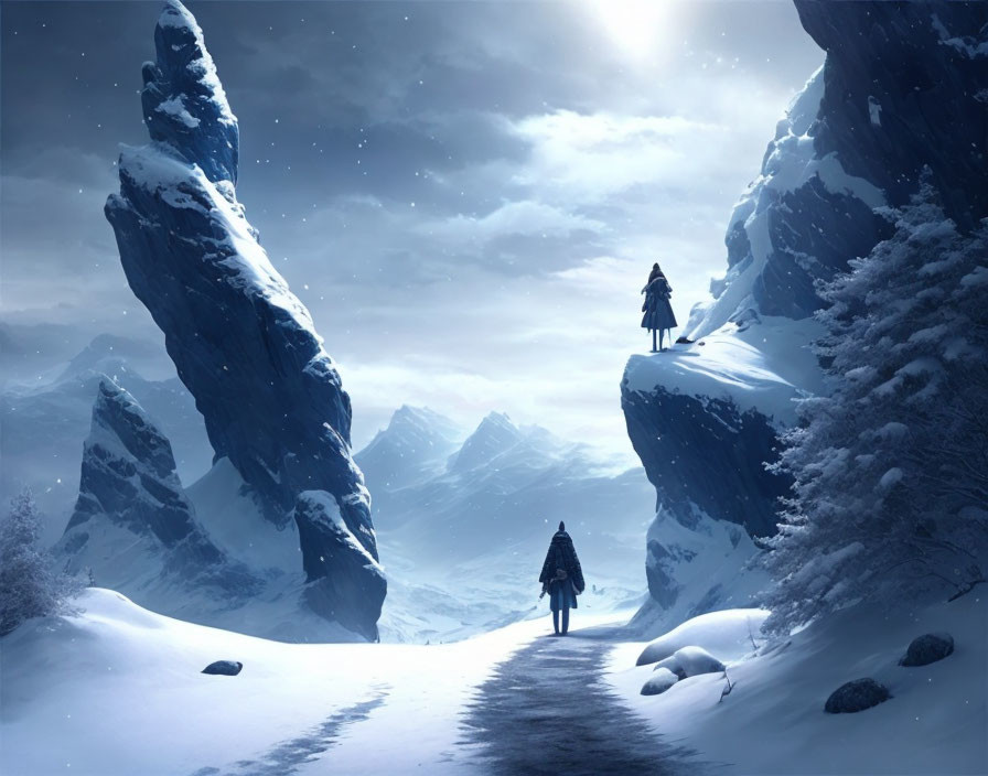 Solitary Figure Walking on Snowy Path Among Towering Rocks