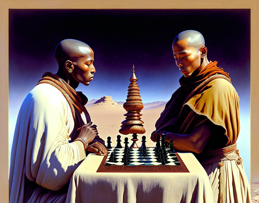 Monks playing chess in desert with tower in background