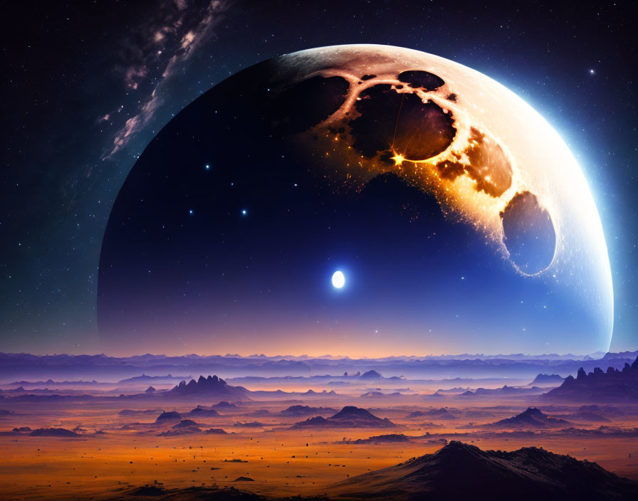 Fantastical landscape with oversized moon, desert, rocky outcrops, starlit sky, and