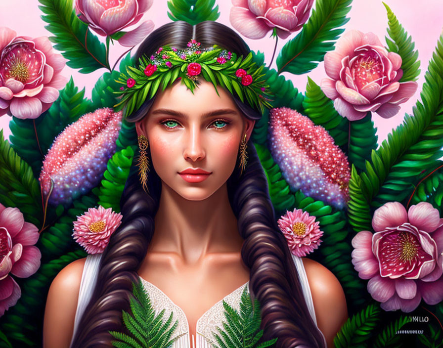 Woman with Braided Hair and Floral Wreath Among Lush Flowers