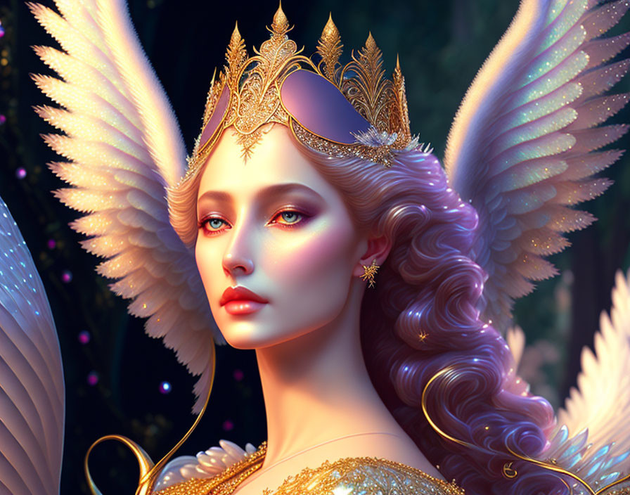 Woman with angel wings and golden crown in mystical setting