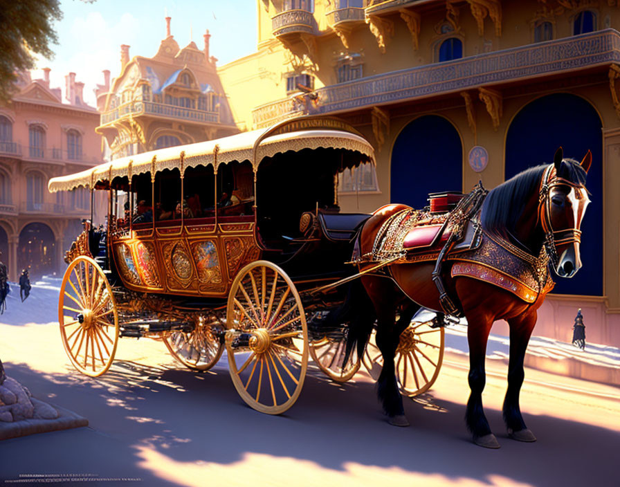 Elaborate horse-drawn carriage outside historic buildings in sunlight