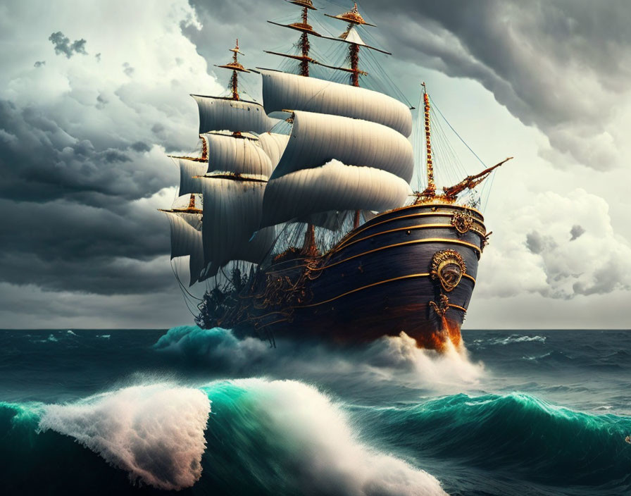 Majestic sailing ship with white sails in turbulent sea under stormy sky