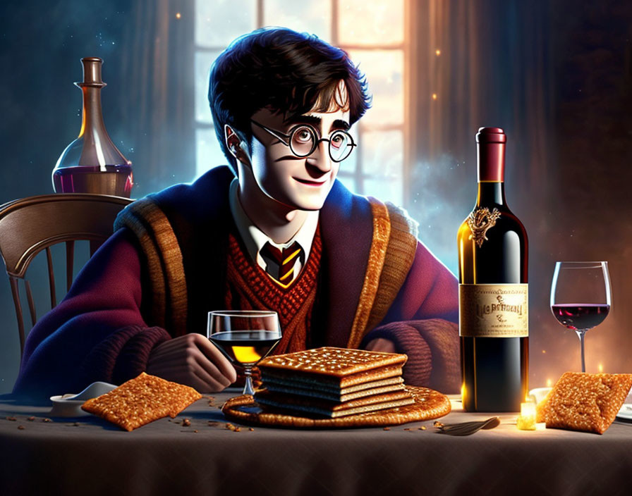 Young man in wizard school uniform with wine and crispbread in cozy candlelit room