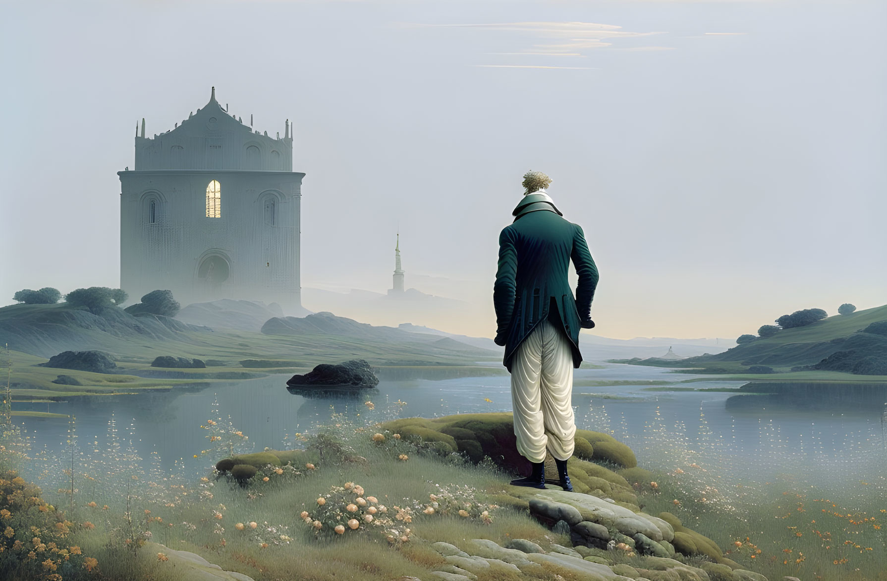 18th-Century Figure Observing Serene Landscape with Hills, Lake, and Fantastical