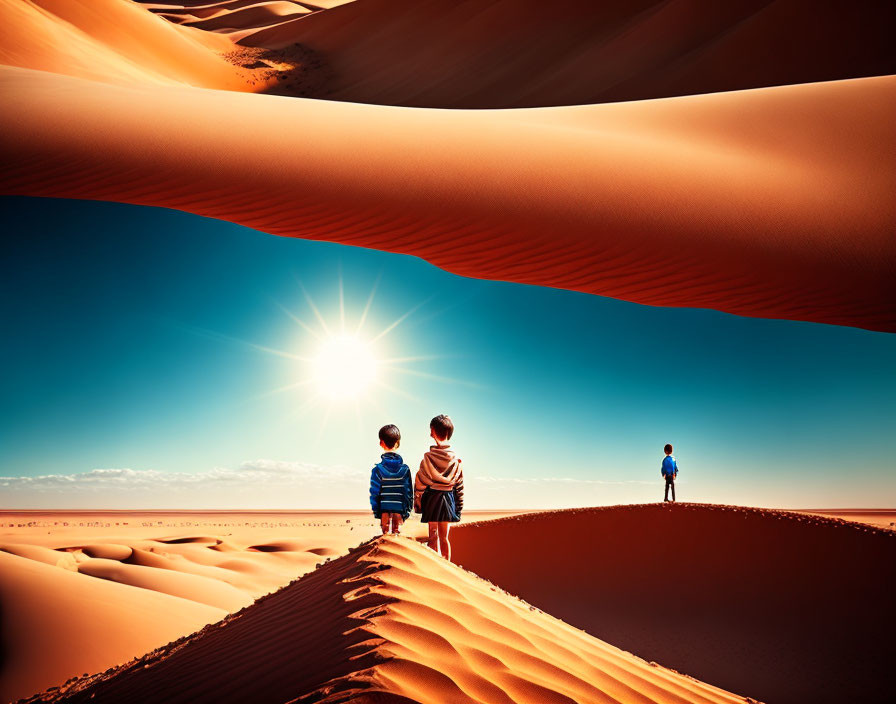 Three individuals on desert dune under clear blue sky with low sun.